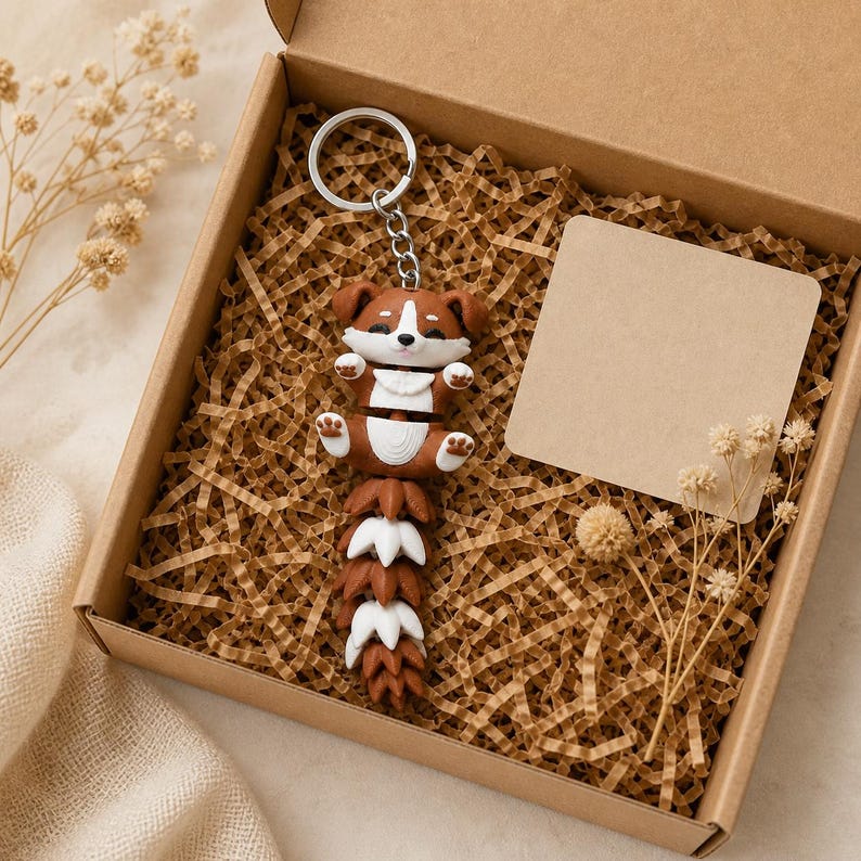 Corgi Puppy Keychain Movable | 3D Print Flexi Dog with Fluffy Tail | Gift for Dog Lovers image 8
