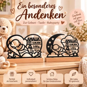 Gepersonaliseerd geboortecadeau – Geboortesouvenir met beukenhouten standaard | 3D geprint babycadeau | Cadeau geboorte & doop afbeelding 3