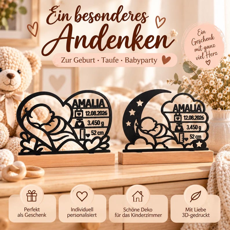 Gepersonaliseerd geboortecadeau – Geboortesouvenir met beukenhouten standaard | 3D geprint babycadeau | Cadeau geboorte & doop afbeelding 3