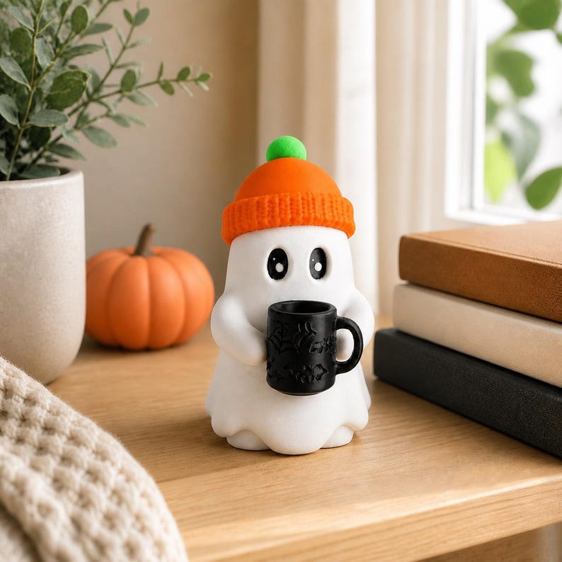 May include: A white ghost figurine wearing an orange knit-style beanie with a green pom-pom on top. The ghost has large black eyes and is holding a small black mug featuring a subtle embossed spiderweb and leaf pattern on its exterior surface.