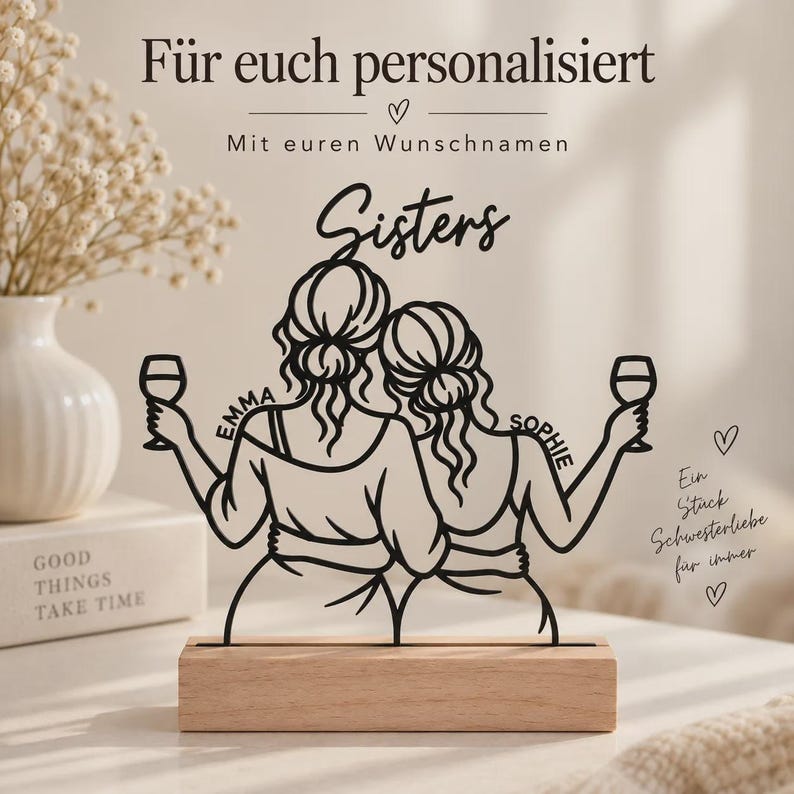 Personalized Sisters Decor | 3D Display with Names and Wooden Base | Sister Gift image 3