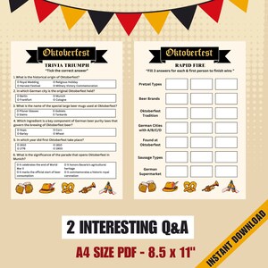 May include: A printable Oktoberfest trivia game with two sections: Trivia Triumph and Rapid Fire. The game features questions about the history and traditions of Oktoberfest, including the origin of the festival, the city where it is held, and the types of beer and food served. The game is designed for two or more players and includes a printable answer sheet.
