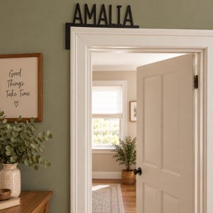 May include: A black L-shaped door corner sign featuring the name AMALIA in capital letters. The sign is mounted on the upper corner of a white door frame. The letters are sans-serif and have a flat, matte finish, positioned horizontally along the top.