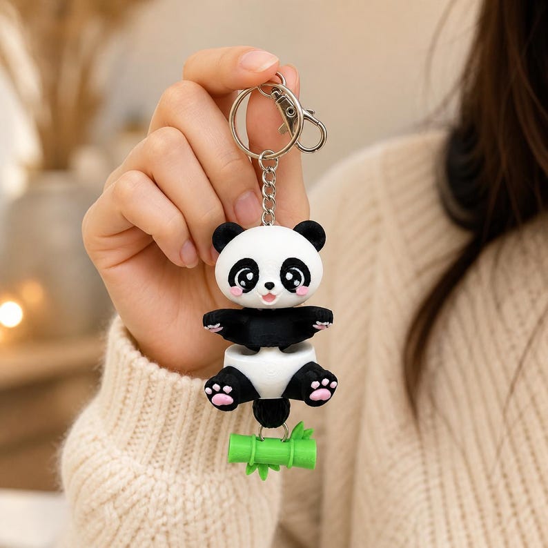 Panda Keychain Movable | 3D Print Flexi Figure with Bamboo Pendant | Gift for Animal Lovers image 3