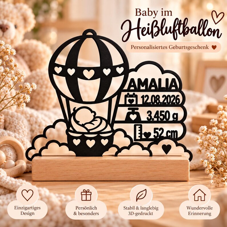 Gepersonaliseerd geboortecadeau – Geboortesouvenir met beukenhouten standaard | 3D geprint babycadeau | Cadeau geboorte & doop afbeelding 4