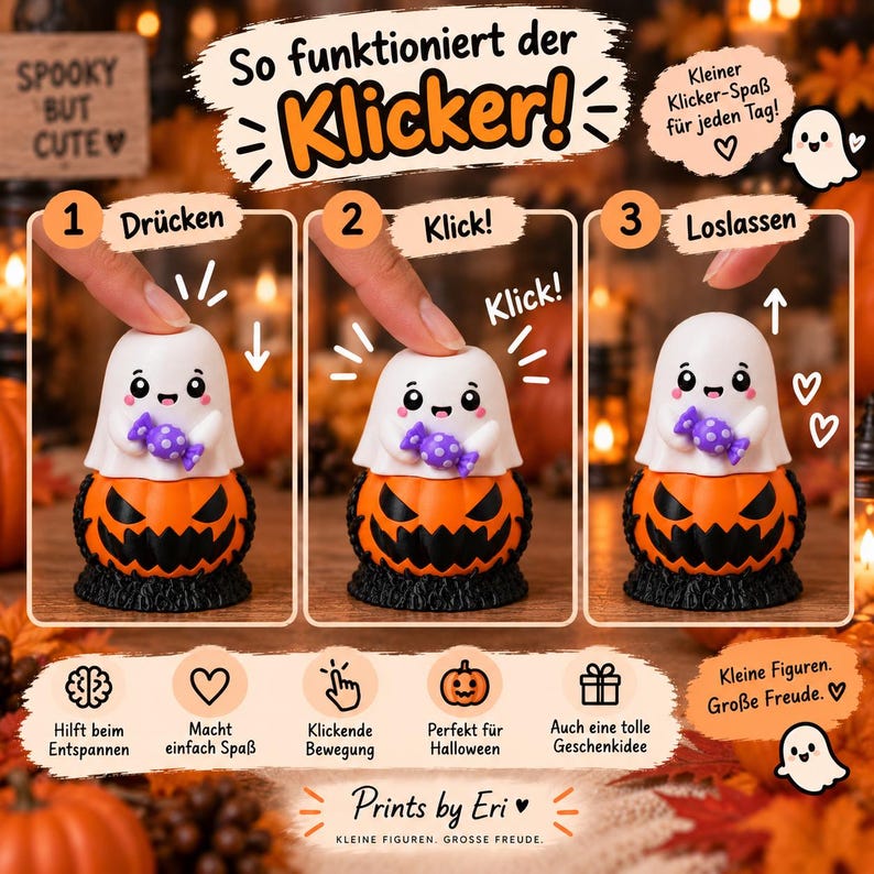Halloween Ghost Clicker – 3D Printed Fidget Clicker with Pumpkin | Ghost of Choice | Halloween Gift image 3