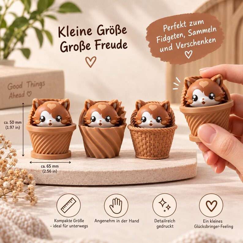 May include: Four brown and white cat figurines in textured pots. Text reads: Kleine Gr&ouml;&szlig;e Gro&szlig;e Freude, Perfekt zum Fidgeten, Sammeln und Verschenken, Good Things Ahead. Dimensions shown are 50 mm (1.97 in) height and 65 mm (2.56 in) width.