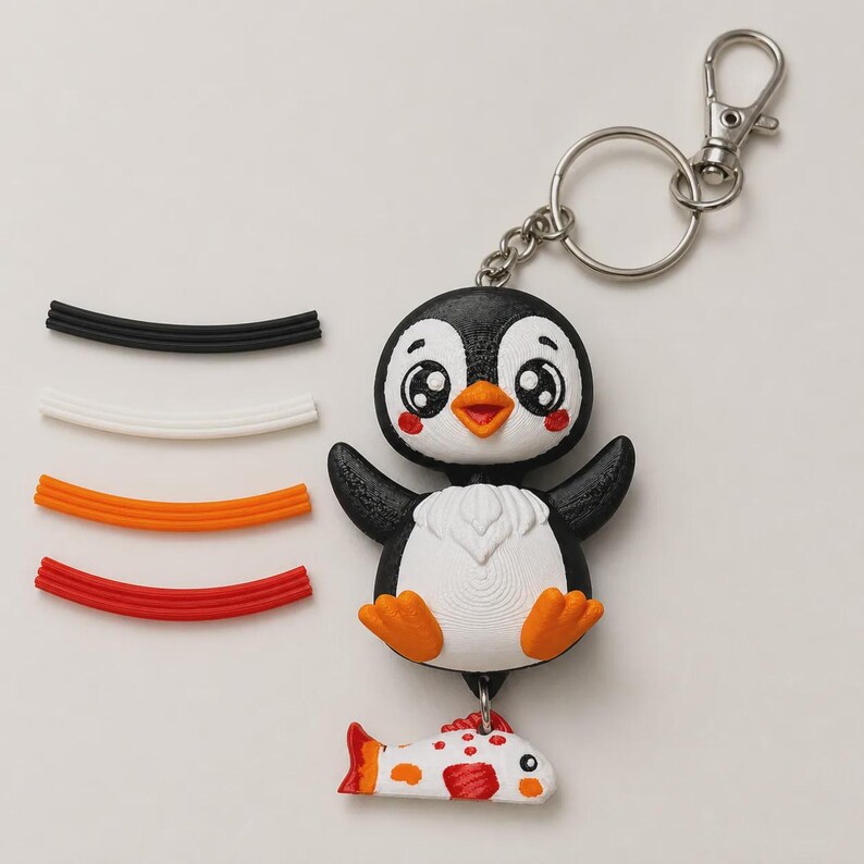 Penguin Keychain Kawaii | 3D Print Flexi Figure with Fish Pendant | Gift for Animal Lovers image 5