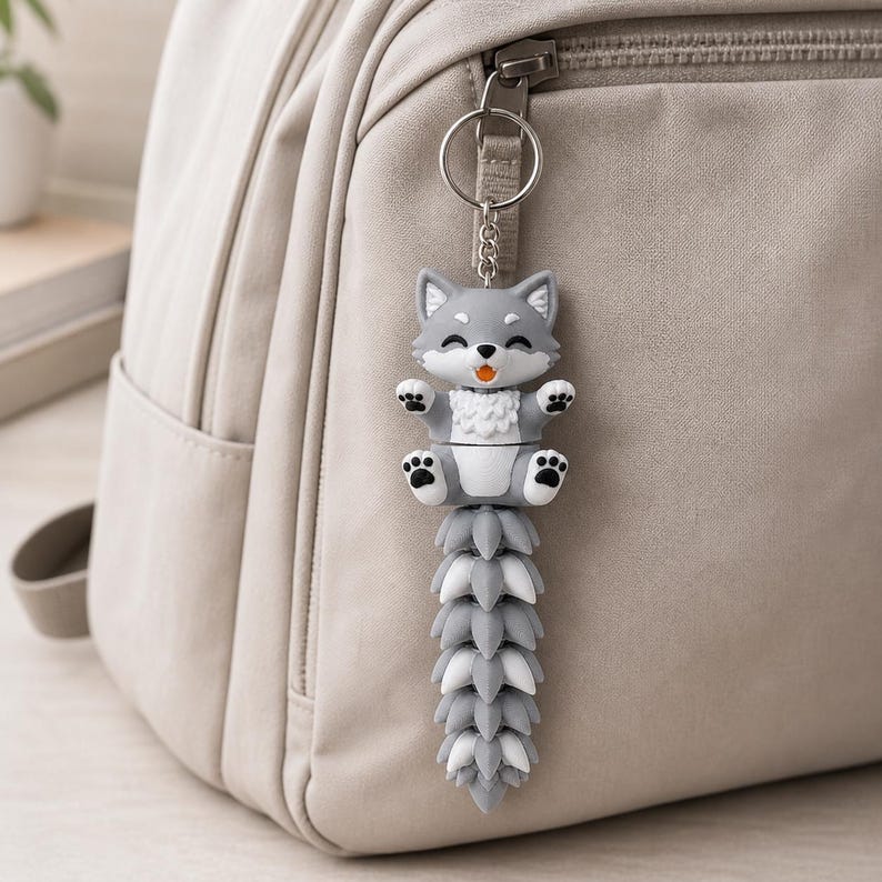 Wolf Keychain Movable | 3D Print Flexi Puppy with Fluffy Tail | Gift for Animal Lovers image 5