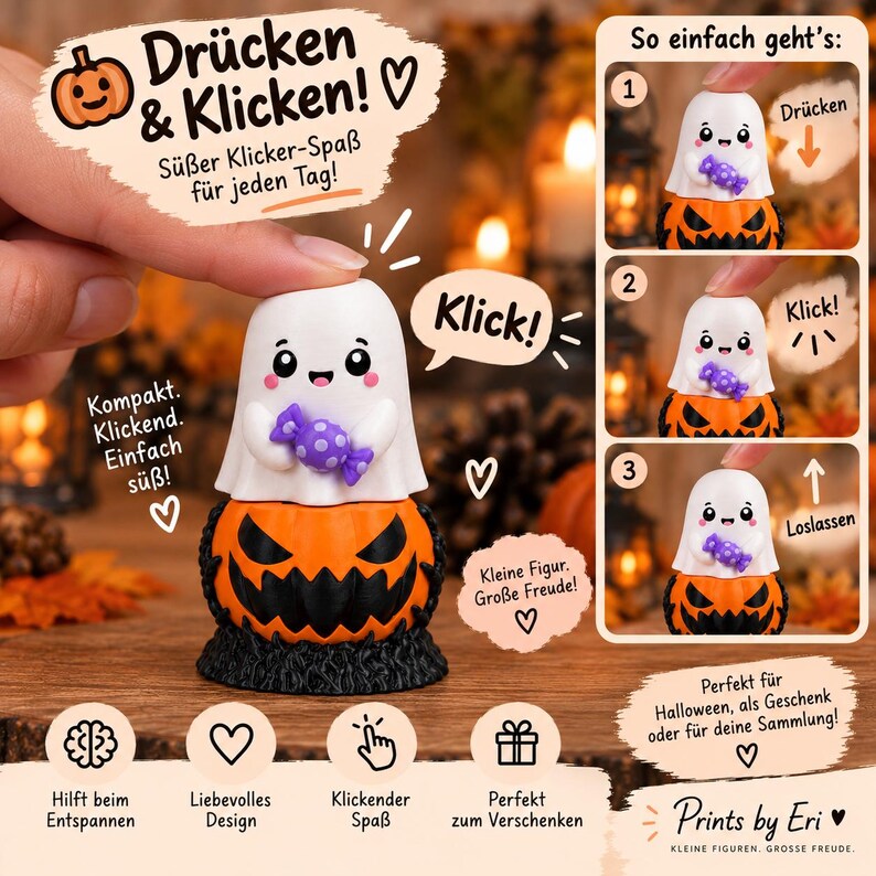 Halloween Ghost Clicker – 3D Printed Fidget Clicker with Pumpkin | Ghost of Choice | Halloween Gift image 6