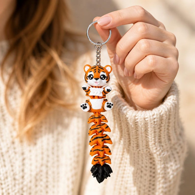 Tiger Keychain Movable | 3D Print Flexi Figure Orange Black | Gift for Animal Lovers image 2