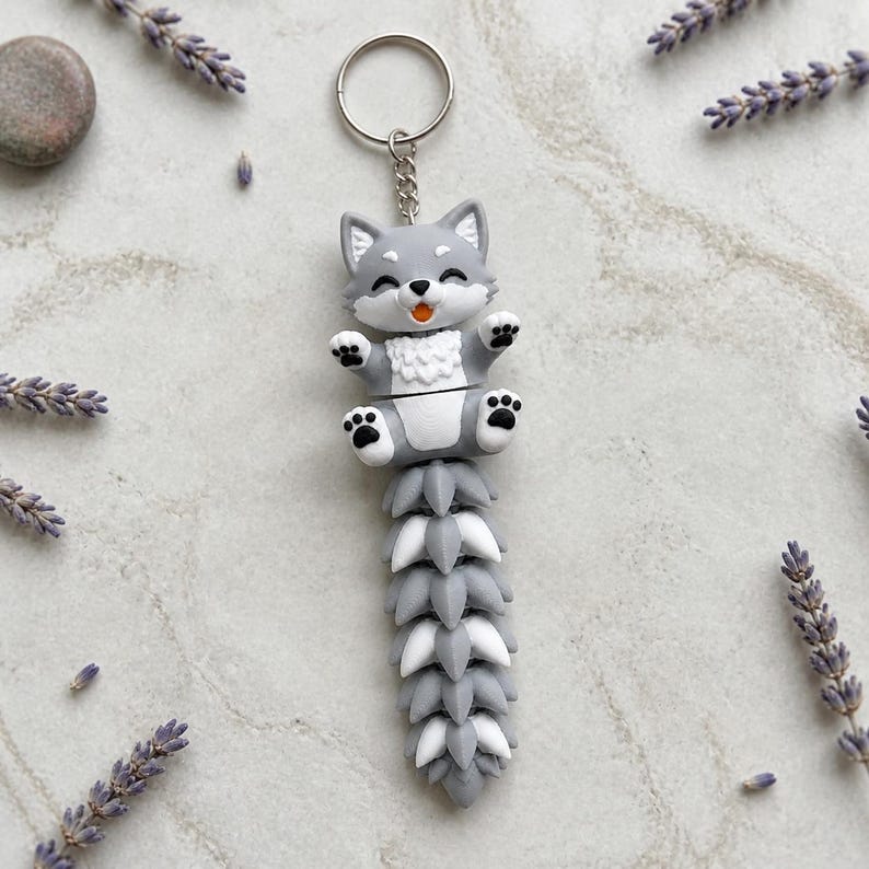 Wolf Keychain Movable | 3D Print Flexi Puppy with Fluffy Tail | Gift for Animal Lovers image 2
