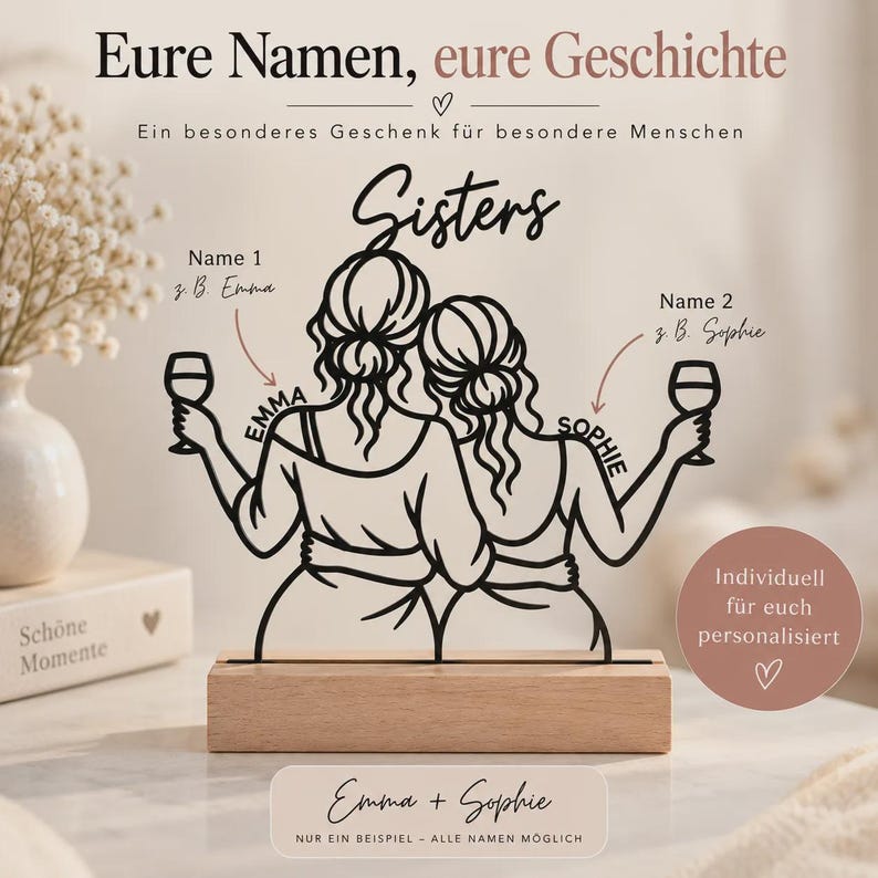 Personalized Sisters Decor | 3D Display with Names and Wooden Base | Sister Gift image 4