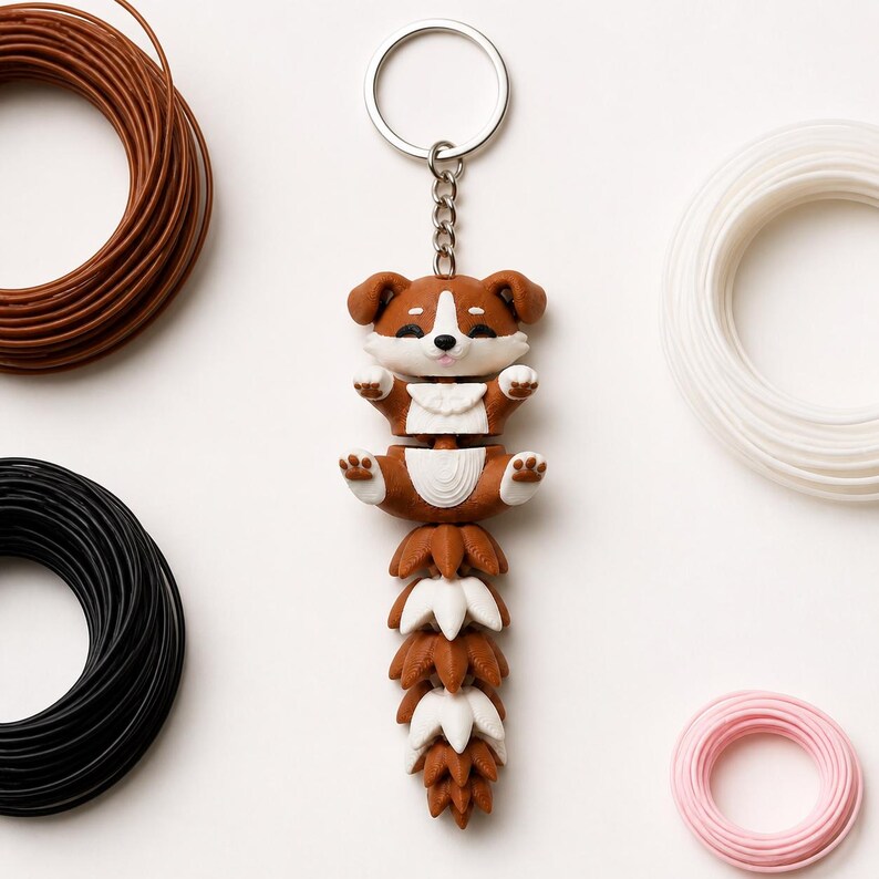 Corgi Puppy Keychain Movable | 3D Print Flexi Dog with Fluffy Tail | Gift for Dog Lovers image 7