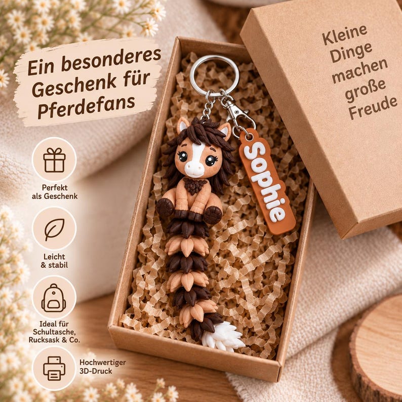 May include: A brown and white horse keychain with a dark brown mane and a segmented tail, attached to a silver metal ring and a rectangular brown tag with the white text Sophie, presented inside a cardboard gift box with paper filler.