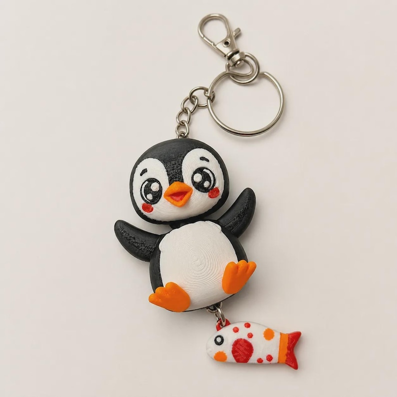 Penguin Keychain Kawaii | 3D Print Flexi Figure with Fish Pendant | Gift for Animal Lovers image 8