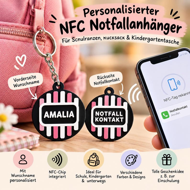 Gepersonaliseerde NFC-noodtag | Naam op maat voor schooltassen en rugzakken afbeelding 5