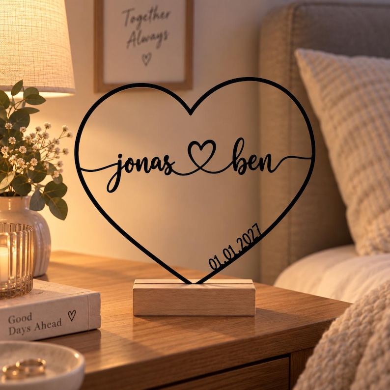 Personalised Heart Ornament | Two Names and Date | 3D Printed Gift for Couples image 3