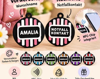 Etiqueta de emergencia NFC personalizada | Nombre personalizado para mochilas y bolsos escolares