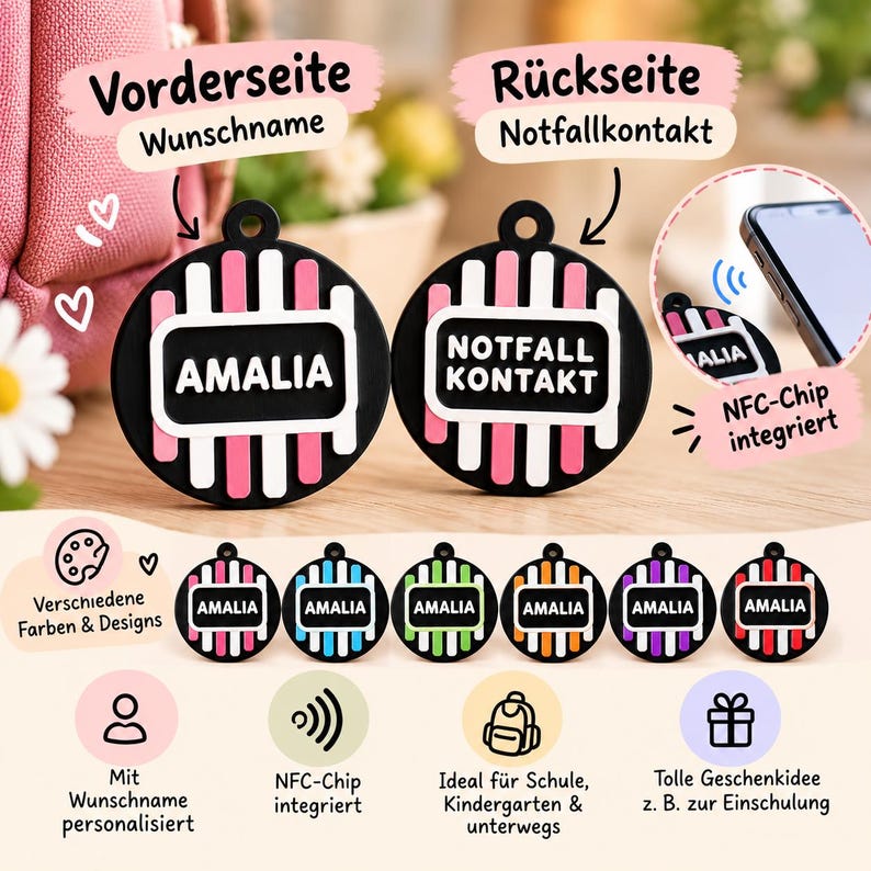Gepersonaliseerde NFC-noodtag | Naam op maat voor schooltassen en rugzakken afbeelding 1