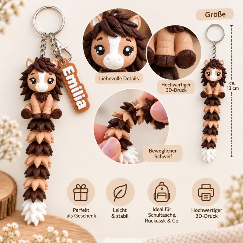 May include: A brown and tan horse keychain with a long, articulated, flexible tail and a white tip. The keychain includes a metal ring and a rectangular tag with the name Emilia printed in white. The total length is approximately 13 cm.