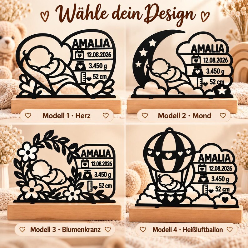 Gepersonaliseerd geboortecadeau – Geboortesouvenir met beukenhouten standaard | 3D geprint babycadeau | Cadeau geboorte & doop afbeelding 9