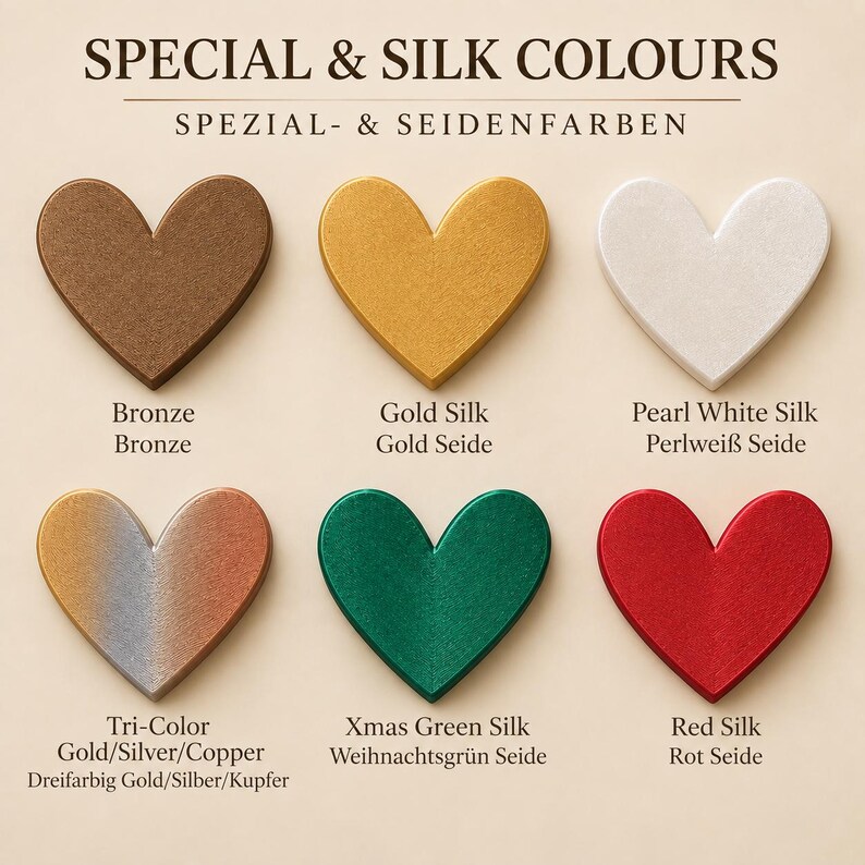 May include: A color chart titled SPECIAL & SILK COLOURS featuring six heart-shaped samples in bronze, gold silk, pearl white silk, tri-color gold/silver/copper, xmas green silk, and red silk, each labeled with its corresponding color name.