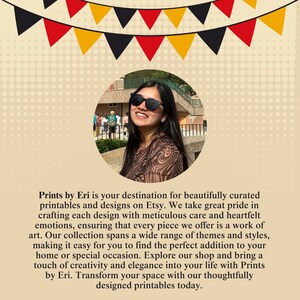 May include: A woman wearing sunglasses smiles at the camera. The text reads "Prints by Eri is your destination for beautifully curated printables and designs on Etsy. We take great pride in crafting each design with meticulous care and heartfelt emotions, ensuring that every piece we offer is a work of art. Our collection spans a wide range of themes and styles, making it easy for you to find the perfect addition to your home or special occasion. Explore our shop and bring a touch of creativity and elegance into your life with Prints by Eri. Transform your space with our thoughtfully designed printables today."