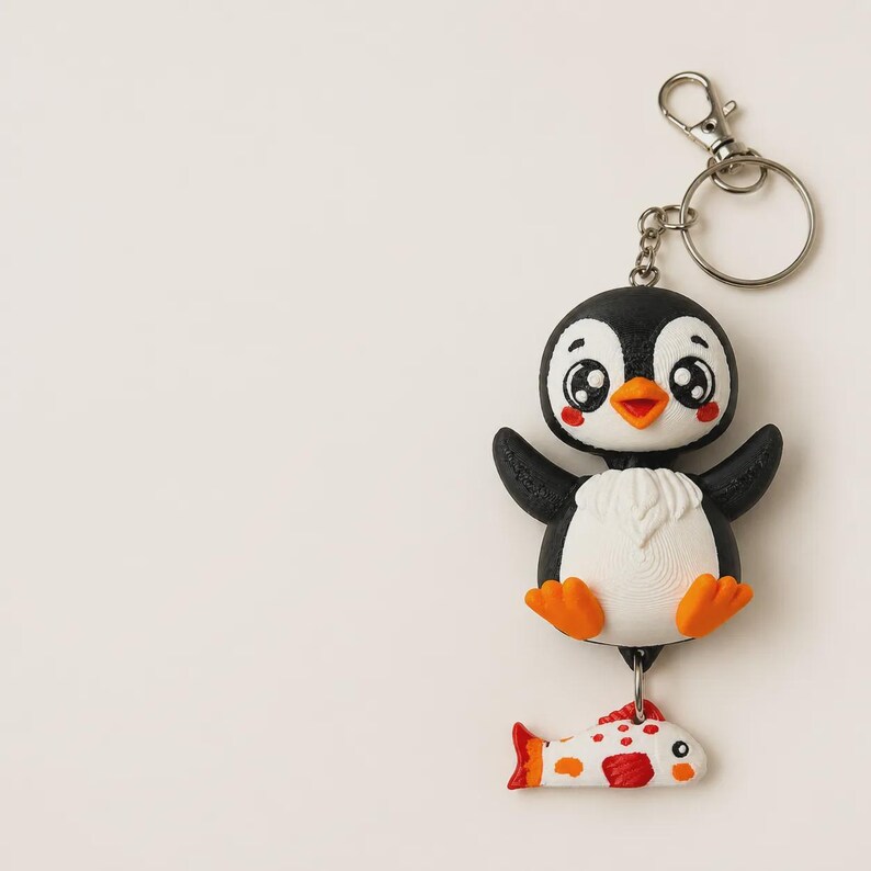 Penguin Keychain Kawaii | 3D Print Flexi Figure with Fish Pendant | Gift for Animal Lovers image 3
