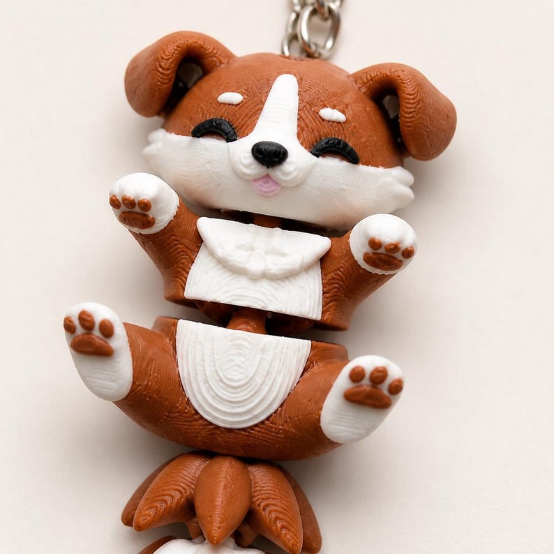 Corgi Puppy Keychain Movable | 3D Print Flexi Dog with Fluffy Tail | Gift for Dog Lovers image 4