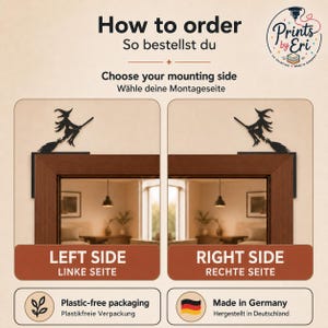 May include: A black silhouette of a witch on a broomstick designed for door frame mounting. The graphic shows two options for placement, left side or right side, with text labels How to order, Choose your mounting side, and Prints by Eri.