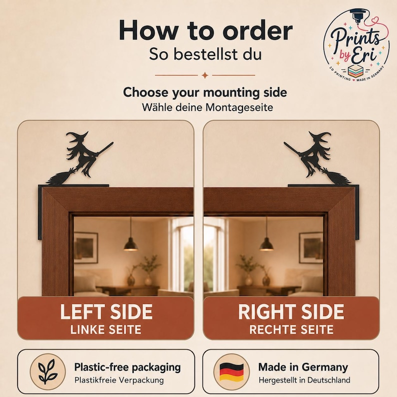 May include: A black silhouette of a witch on a broomstick designed for door frame mounting. The graphic shows two options for placement, left side or right side, with text labels How to order, Choose your mounting side, and Prints by Eri.