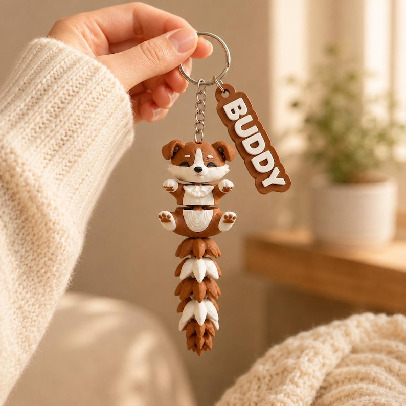 May include: A brown and white dog keychain featuring a segmented, articulated tail and a rectangular brown tag with the white text BUDDY. The dog figure has a rounded head, small ears, and a multi-layered tail design attached to a silver metal ring.