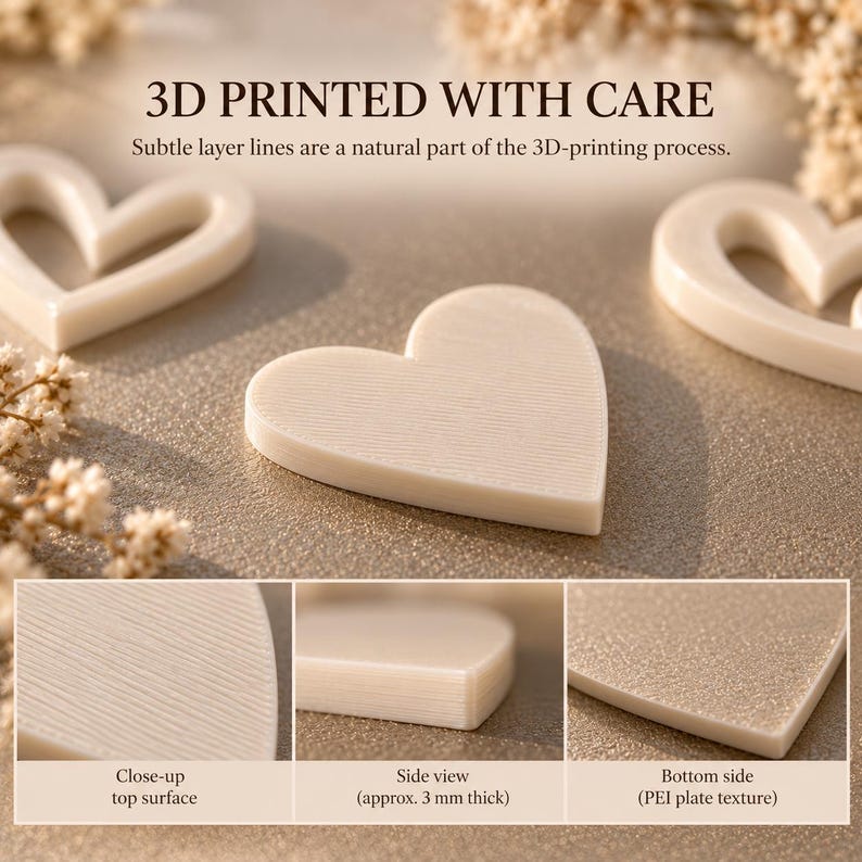 May include: Off-white 3D printed heart-shaped objects with visible layer lines. Text reads: 3D PRINTED WITH CARE. Subtle layer lines are a natural part of the 3D-printing process. Includes close-up, side view at 3 mm thick, and bottom view.