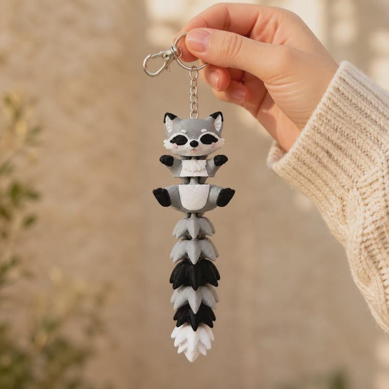 May include: A gray and white raccoon keychain featuring a multi-segmented, articulated tail that hangs vertically. The raccoon has black eye patches, small black paws, and a silver-toned metal lobster clasp attached to a short chain link connector.