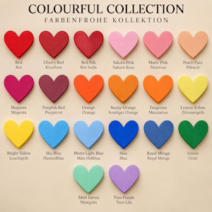 May include: A color chart titled COLOURFUL COLLECTION FARBENFROHE KOLLEKTION featuring twenty-three heart-shaped swatches in various shades including red, pink, orange, yellow, blue, green, and purple, each labeled with its specific color name.
