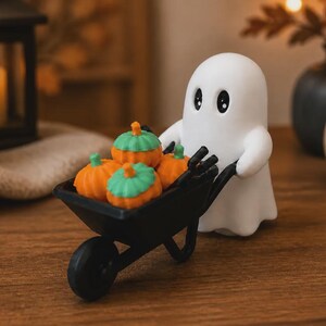 Ghost Halloween Decor | Spooky Wheelbarrow with Pumpkins image 3