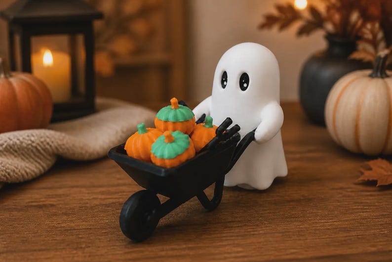 Ghost Halloween Decor | Spooky Wheelbarrow with Pumpkins image 3