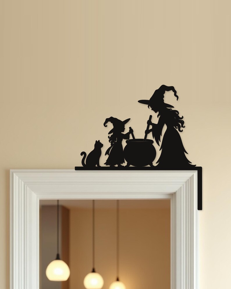 Halloween Door Decor Witch & Witch Child with Cauldron | Black Spooky Decor (20x20cm) image 8