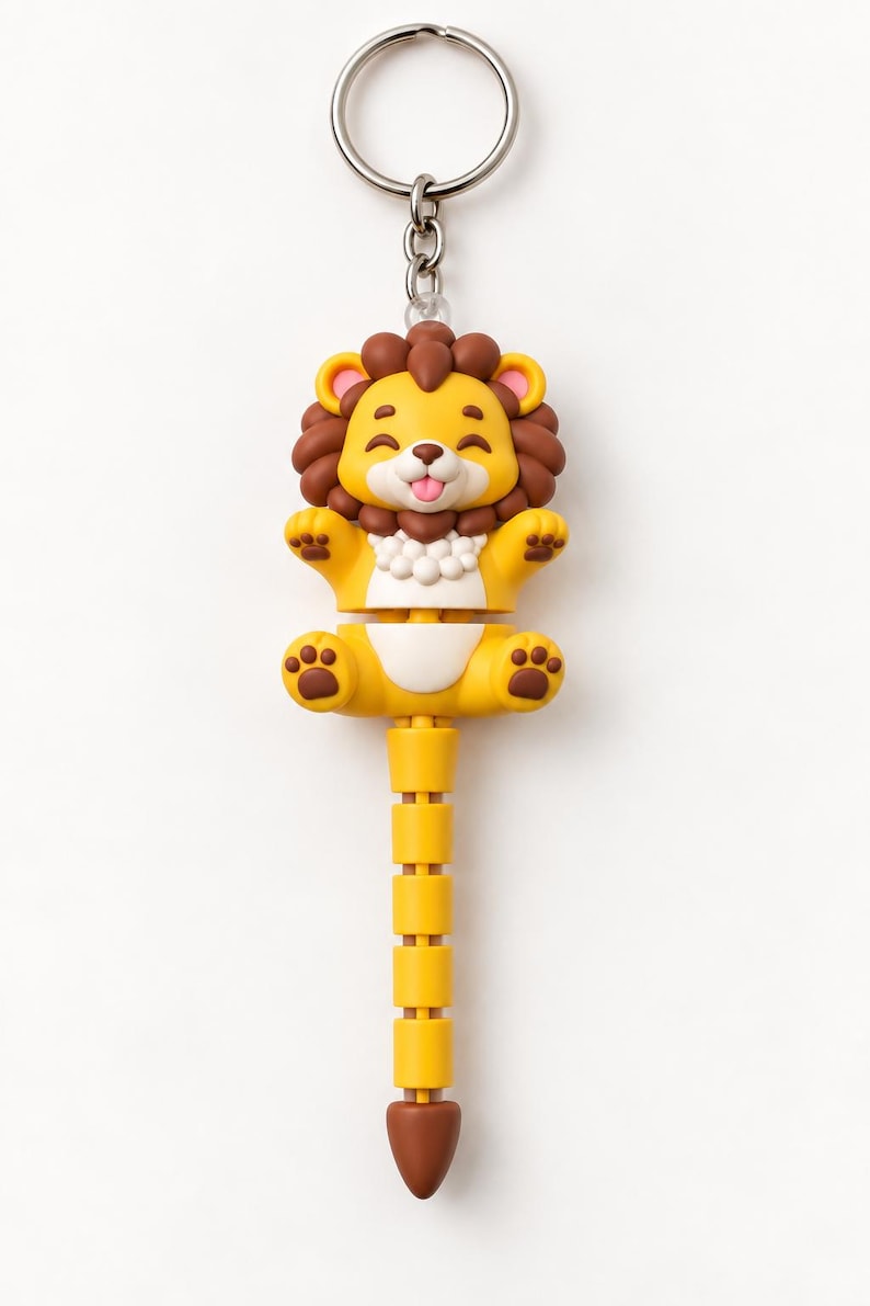 May include: A keychain featuring a cartoon lion character with a yellow body, brown mane, and pink tongue. The lion is attached to a segmented, yellow, tail-like extension that ends in a brown tip. The entire figure hangs from a silver metal ring.