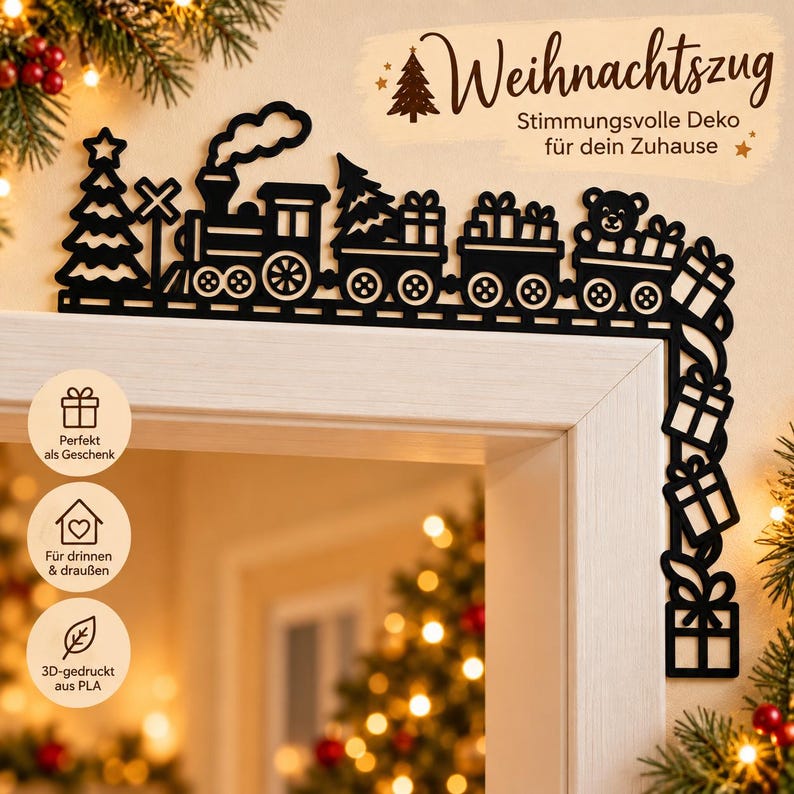 Juldekoration till dörrkarm | 4 vintermotiv | Skog, tåg och by | 3D-utskriven bild 2
