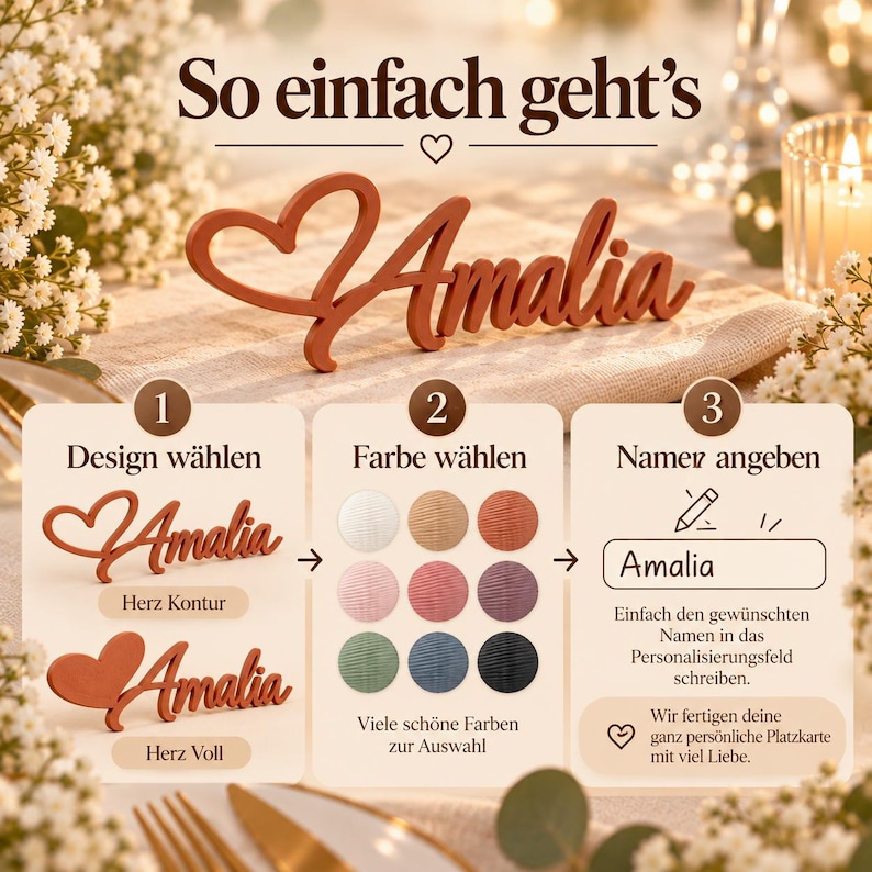 Personalized wedding place card with name and heart | 3D place card | Name tag napkin | Table decoration and wedding favor image 3