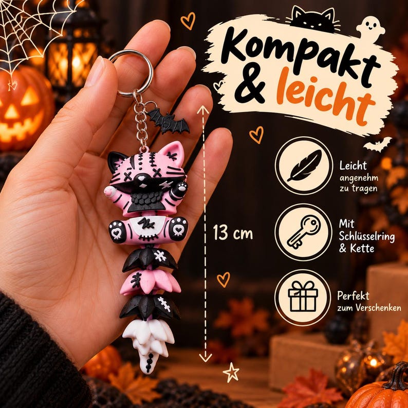 Halloween Katze Schlüsselanhänger | Bewegliche Flexi Katze mit Fledermaus-Anhänger image 4