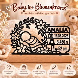 Gepersonaliseerd geboortecadeau – Geboortesouvenir met beukenhouten standaard | 3D geprint babycadeau | Cadeau geboorte & doop afbeelding 6