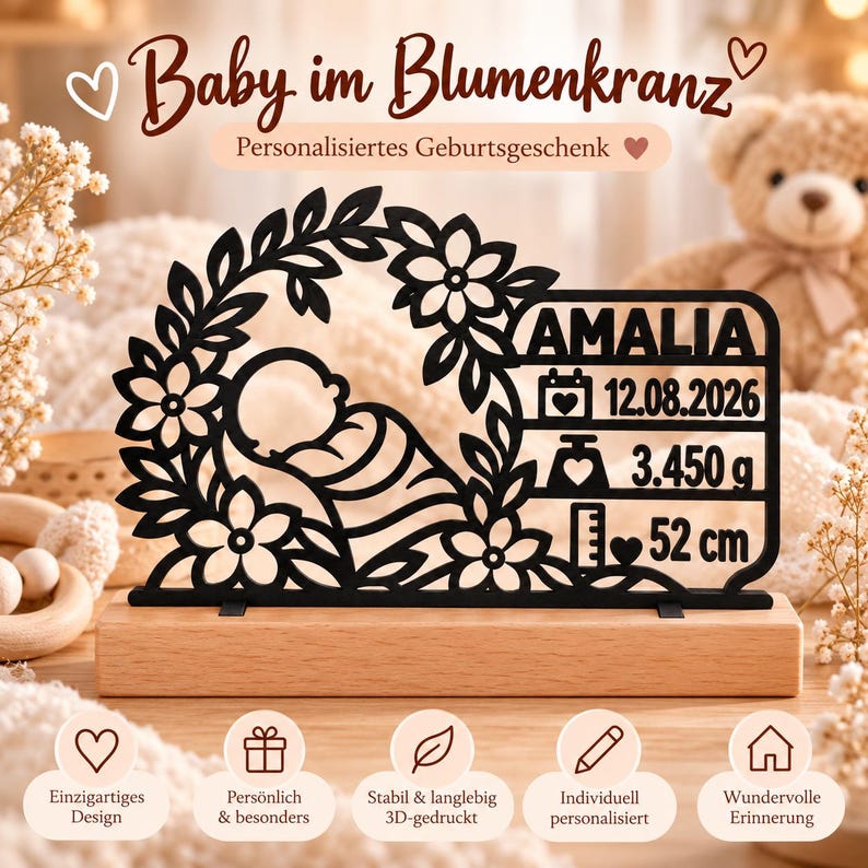 Gepersonaliseerd geboortecadeau – Geboortesouvenir met beukenhouten standaard | 3D geprint babycadeau | Cadeau geboorte & doop afbeelding 6
