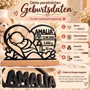 Gepersonaliseerd geboortecadeau – Geboortesouvenir met beukenhouten standaard | 3D geprint babycadeau | Cadeau geboorte & doop afbeelding 8