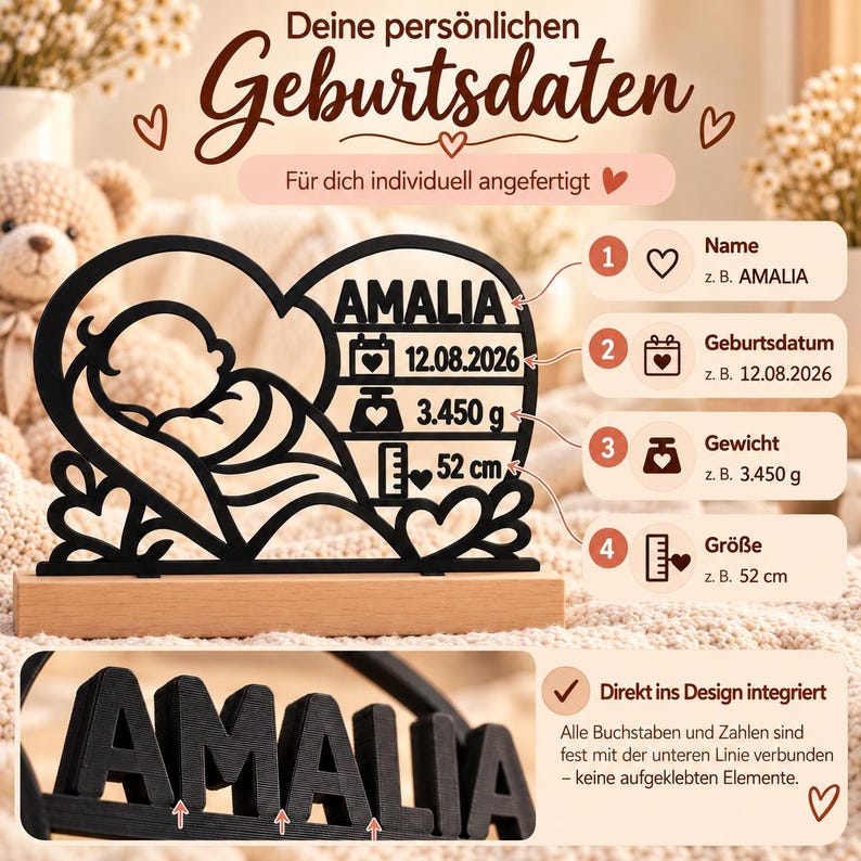 Gepersonaliseerd geboortecadeau – Geboortesouvenir met beukenhouten standaard | 3D geprint babycadeau | Cadeau geboorte & doop afbeelding 8