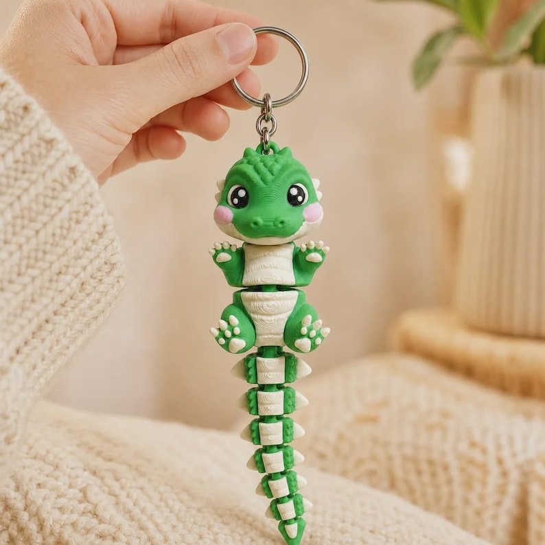 Crocodile Keychain Movable | Articulated Flexi 3D Print Green | Gift for Animal Lovers image 2