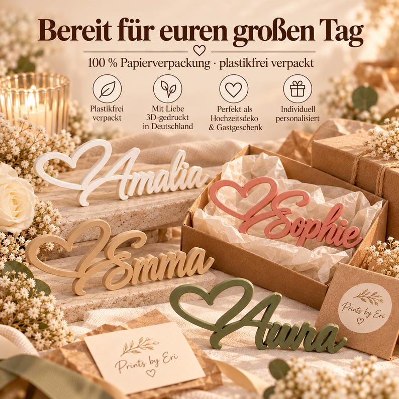 Personalized wedding place card with name and heart | 3D place card | Name tag napkin | Table decoration and wedding favor image 6