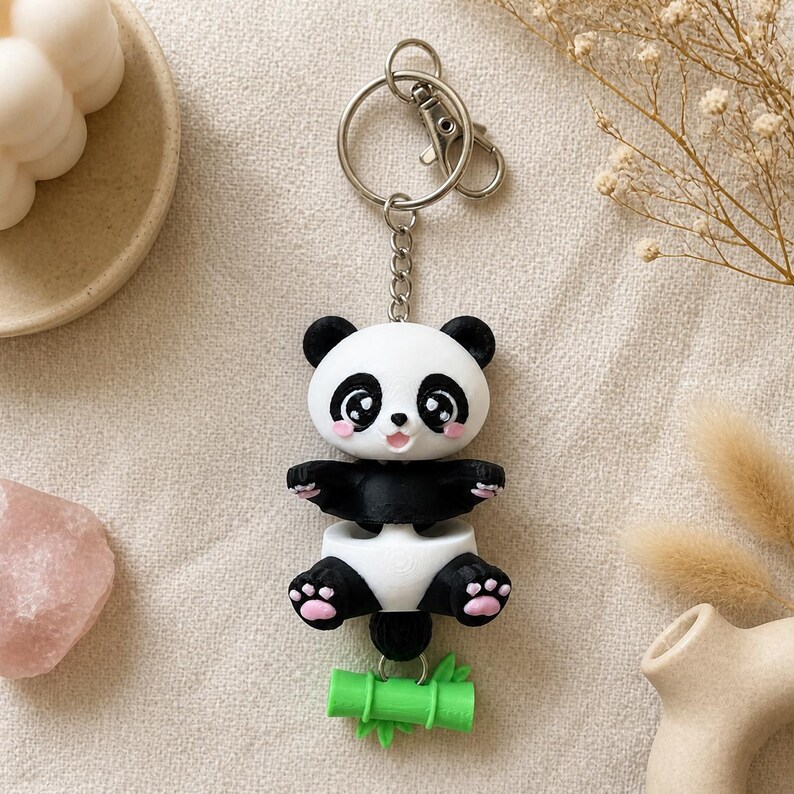 Panda Keychain Movable | 3D Print Flexi Figure with Bamboo Pendant | Gift for Animal Lovers image 2